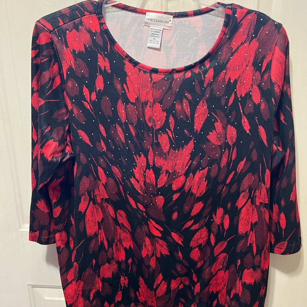 Rebecca Malone Red & Black Long Sleeve Sparkle Print Top